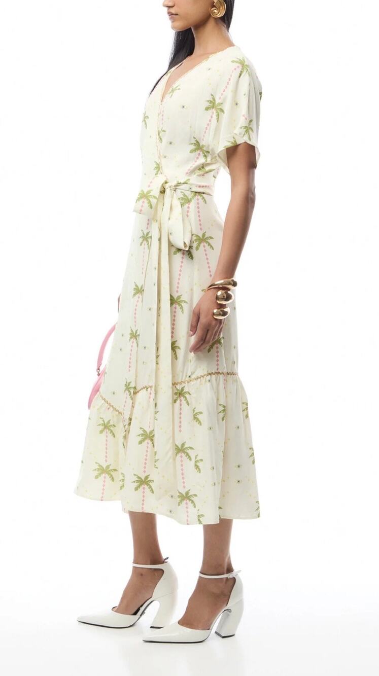 NeverFullyDressed Harley Cream Palm Print Evil Eye Short Sleeve Midi Wrap Dress
